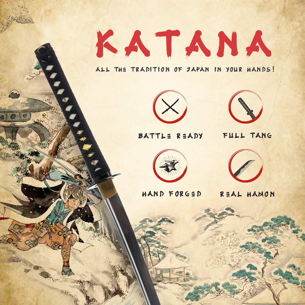 Amazon.com : HMS Japanese Samurai Katana Sword, Empire Wheel Tsuba